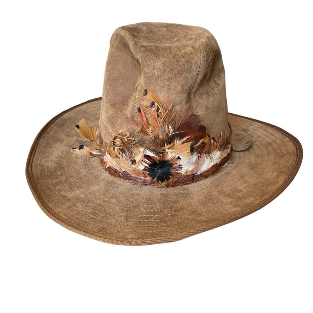Vintage Hush Puppies Brown Suede Feather Trim Mens Hat size 7 1/4